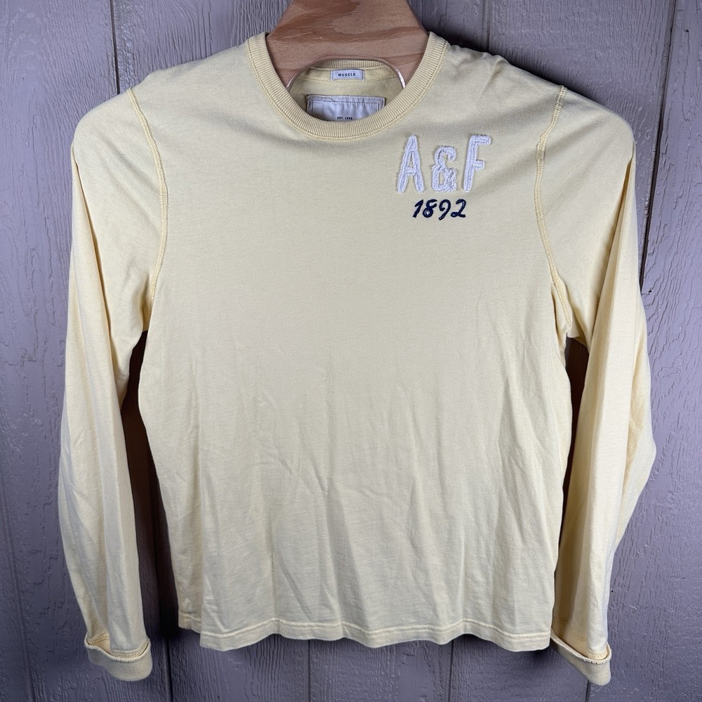 Abercrombie & Fitch Shirt 2XL XXL Yellow Long Sleeve Muscle Tee Y2K Embroidered